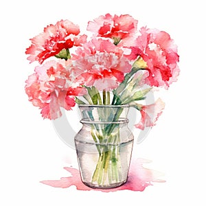 Beautiful Watercolor Carnation Bouquet In Vase - Translucent Pink Illustration