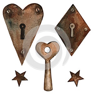 Watercolor clip art old rusty key, stars and keyholes. Isolated objects on a white background.