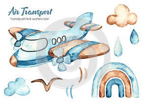 Watercolor clipart air transport. Airplane, rainbow, rain, clouds, bird