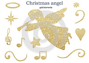 Watercolor clipart Christmas angel shine gold and golden elements Happy holiday symbol, stars, notes, heart, halo