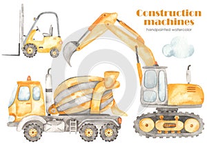 Watercolor clipart with construction machines with excavator, forklift, concrete mixer truck, concrete truck