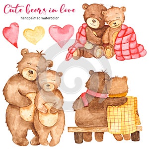 Watercolor clipart with cute bears in love