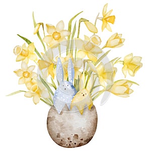 Watercolor Clipart Of Daffodil Bouquet In Eggshell With Decorative Bunnies