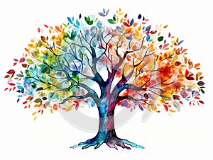 Watercolor clipart of a decorative fantasy tree with colored leaves