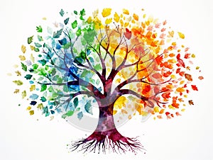 Watercolor clipart of a decorative fantasy tree with multicolored leaves