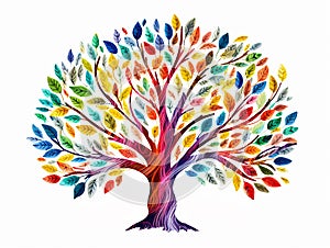 Watercolor clipart of a decorative tree with colored leaves