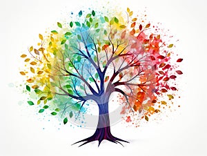 Watercolor clipart of a decorative tree with multicolored leaves