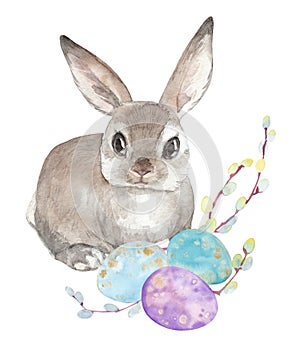 Watercolor clipart with Easter bunny, colorful eggs and willow branches.