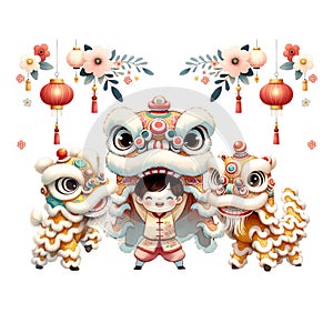 Watercolor clipart of Happy Chinese New Year of Lion Dance Performace