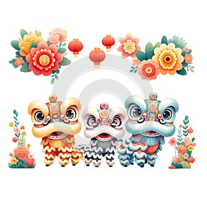 Watercolor clipart of Happy Chinese New Year of Lion Dance Performace