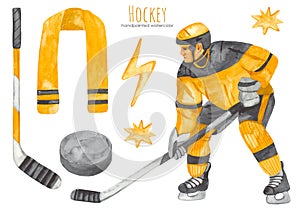 Watercolor clipart Hockey with hockey player, stick, puck, fan scarf for cards, invitations, boys