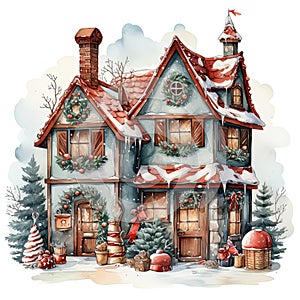 Watercolor Christmas house clipart