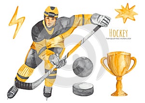 Watercolor clipart Ice hockey with hockey player, puck, winner cup for cards, invitations, boys