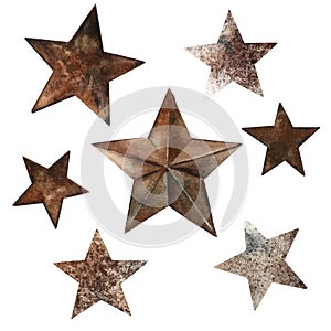 Watercolor clipart old rusty bronze metal stars. Vintage design for greeting card, poster, logo.