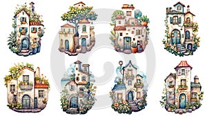 Watercolor clipart set of cute mediterranean houses, cartoon cottages in flowers, facades of old homes with pot of flowers.