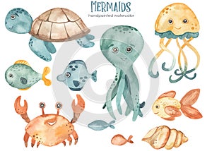 Watercolor clipart with underwater creatures, sea animals, sea turtle, octopus, fish, crab, jellyfish, shell