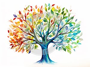 Watercolor clipart of a watercolor tree with colored leaves