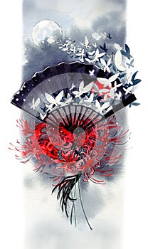 Watercolor cliparts. Print. Chinese fans with background. Various design, art, painting