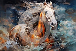 Watercolor close-up of brown horse running amidst colorful paints