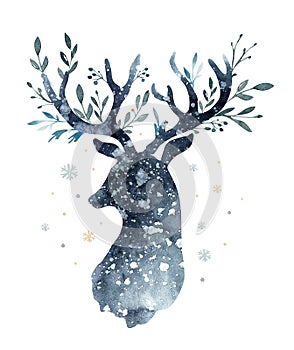 Watercolor closeup portrait of cute deer. Isolated on white background. Hand drawn christmas illustration. Greeting card