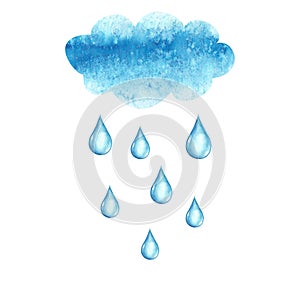 Watercolor cloud and rain drops, isolated on white background