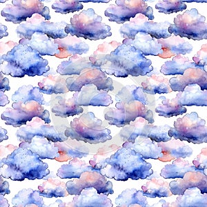 Watercolor Cloud Seamless Pattern, Aquarelle Clouds Tile, Creative Watercolor Blue Sky Background