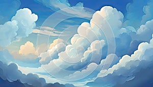 Watercolor cloudscape with blue sky and white cloud background