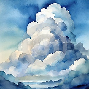 Watercolor cloudscape with blue sky and white cloud background