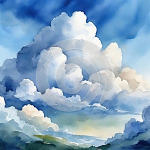 Watercolor cloudscape with blue sky and white cloud background