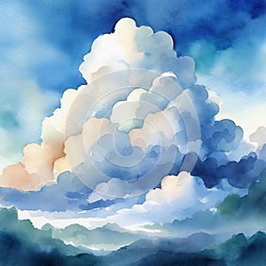 Watercolor cloudscape with blue sky and white cloud background