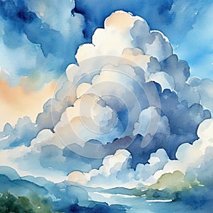 Watercolor cloudscape with blue sky and white cloud background