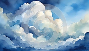 Watercolor cloudscape with blue sky and white cloud background