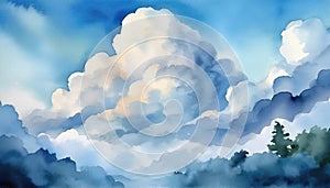 Watercolor cloudscape with blue sky and white cloud background