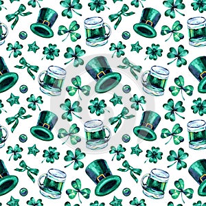 Watercolor clover, St.Patrick's Day seamless pattern, watercolor illustration, background.