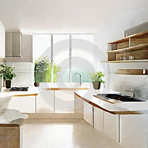 Watercolor of Cocina blanca moderna photo