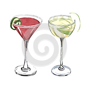 Watercolor cocktail cosmopolitan and apple martini with a lime in glass. Hand-drawn illustration isolated on white