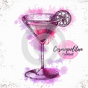 Watercolor cocktail cosmopolitan sketch.