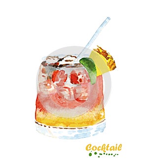 Watercolor cocktail in glass with drinking straw.