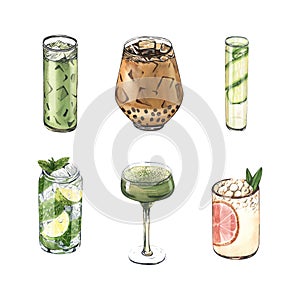 Watercolor cocktail glasses set: mojito, matcha, bubble tea, cucumber water, martini. Hand-drawn illustration isolated