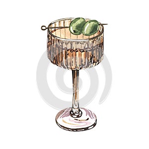 Watercolor cocktail martini with an olive in glass. Hand-drawn illustration isolated on white background. Perfect for