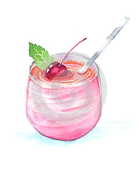 Watercolor cocktail milkshake with whipped cream, chery, mint hand drawn illustration.