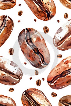 Watercolor coffee bean pattern on white background. Vertical