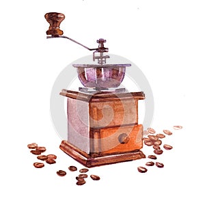Watercolor coffee beans with coffee hand mill isolated