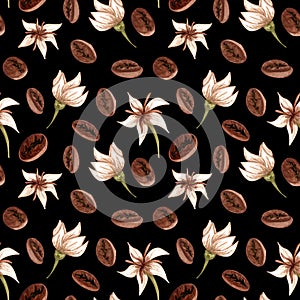 Watercolor coffee beans and plant seamless pattern. Hand drawn flowers and coffee on black background. Floral backdrop