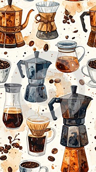 Watercolor Coffee Brewing Tools and Beans Seamless Pattern