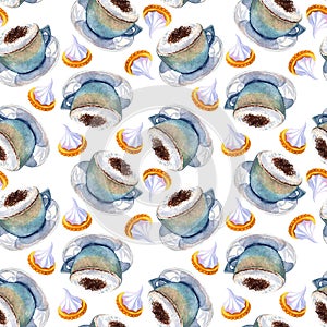 Watercolor coffee cappuccino cup biscuit seamless pattern