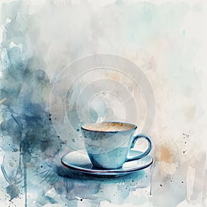 Watercolor Coffee Cup, Aquarelle Cofee Mug on Watercolour Paper Texture, Copy Space