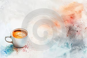 Watercolor Coffee Cup, Aquarelle Cofee Mug on Watercolour Paper Texture, Copy Space