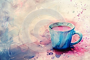 Watercolor Coffee Cup, Aquarelle Cofee Mug on Watercolour Paper Texture, Copy Space
