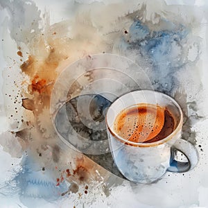 Watercolor Coffee Cup, Aquarelle Cofee Mug on Watercolour Paper Texture, Copy Space